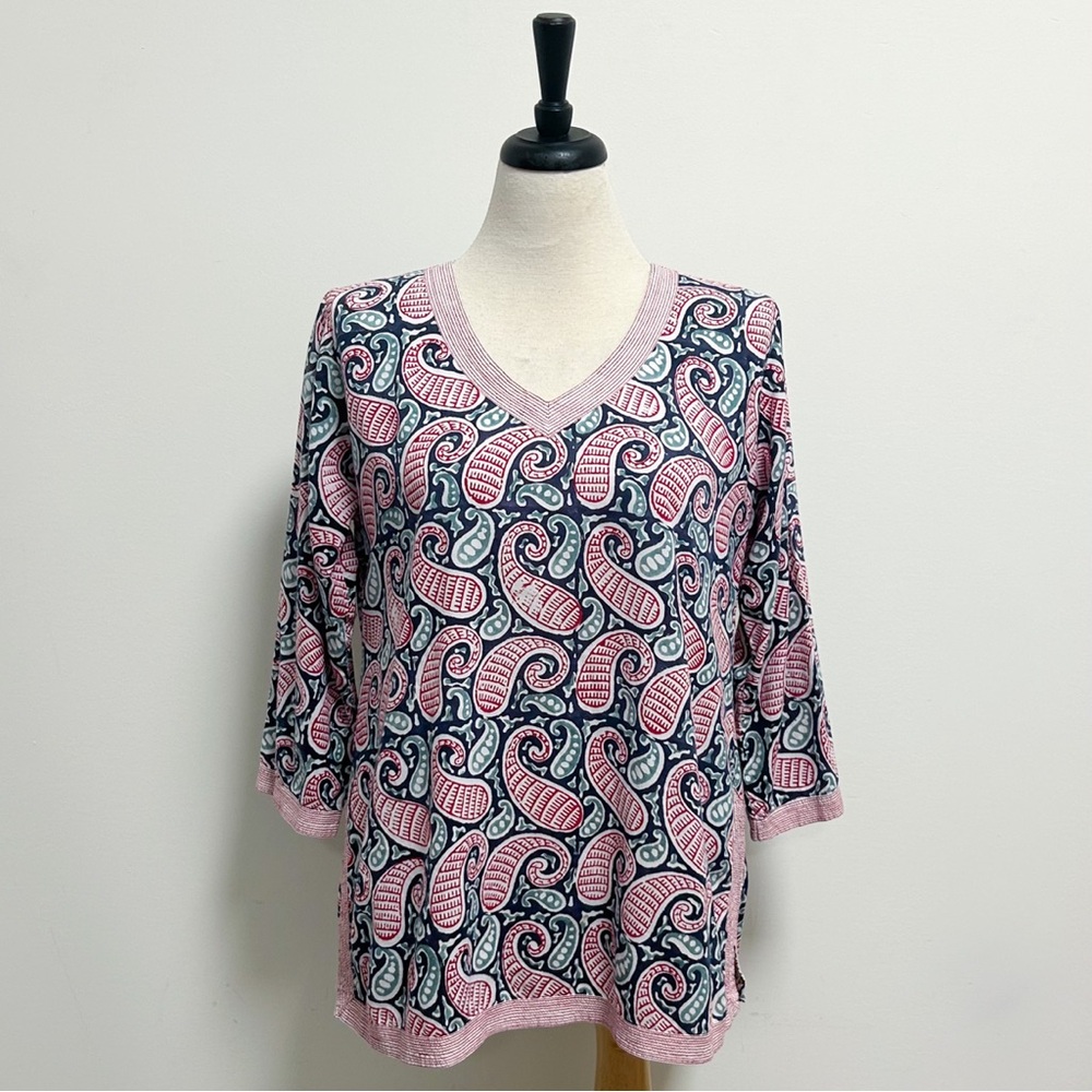Gretchen Scott Paisley Stripe Red White Blue V Neck 3/4 Sleeve Cotton Tunic L